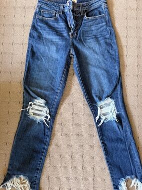 L'AGENCE Distressed Dark Blue Skinny Jeans with Frayed Hems